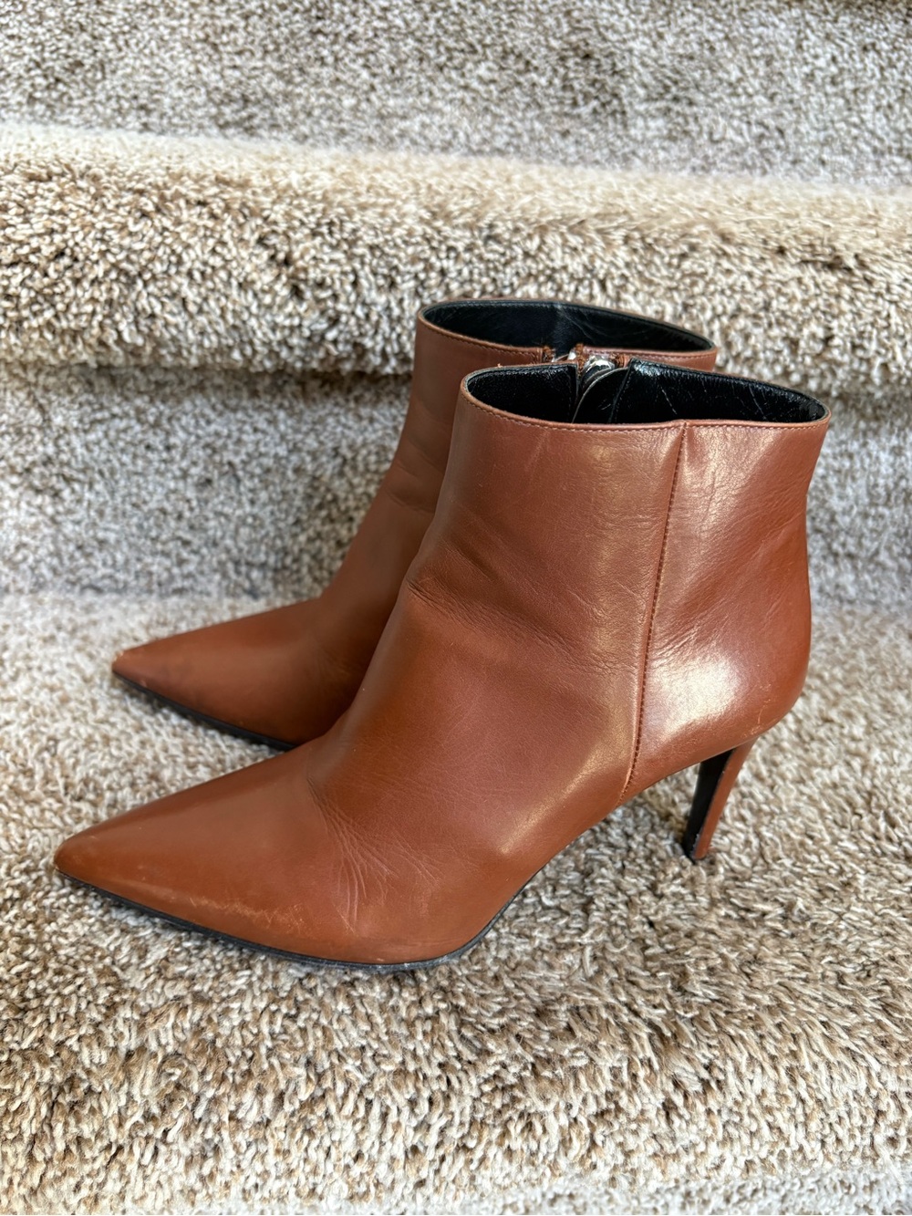 Prada Women’s Cognac Leather Pointed Toe Ankle Booties